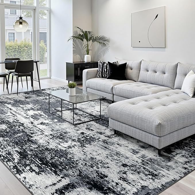 RELEANY Washable 7'x10' Abstract Area Rug for Living Room Black White | carpet for bedroom, kitchen, office, hallway and entryway, printed pattern, non-slip, soft, stain-resistant, easy to clean