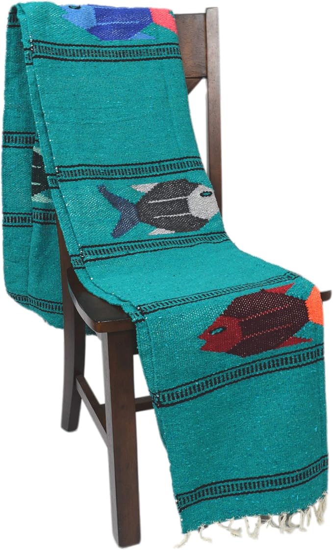 Open Road Goods Thick Mexican Yoga Blanket - Serape Fish Design - Handmade (Turquoise)