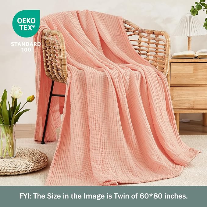 EMME Muslin Blankets for Adults Throw Blanket for Couch Breathable Gauze Soft Lightweight Airy Pink Queen 90" x 90"