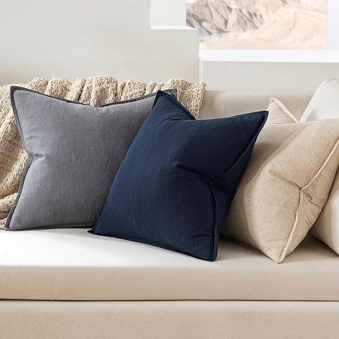 MIULEE Decorative Linen Pillow Covers 18x18 Inch Navy Blue | Boho Farmhouse Neutral Couch Throw Pillows for Bed, Pack of 2 Accent Coastal Modern Pillowcases, Sofa Livingroom Home Decor
