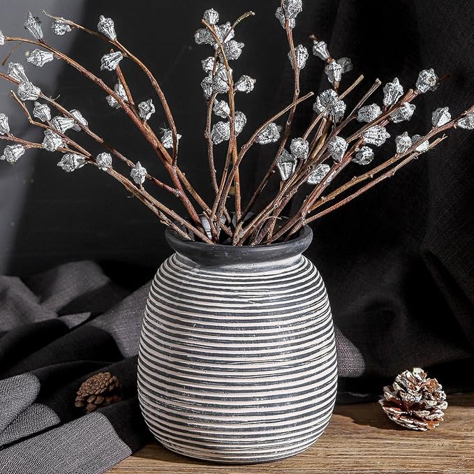 Ceramic Rustic Vase,7.48" Flowers Pottery Vases Home Decor Round Wide-Mouth Farmhouse Decorative Vase for Flowers Pampas for Table Living Room Entryway Mantel Shelf Kitchen Bathroom Bedroom