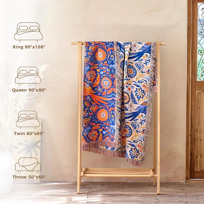 LUTBM Boho Throw Blanket for Bed 60"x80", All Season Cotton Couch Blankets | Reversible Floral Bird Jacquard, Muslin Gauze Twin Quilt, Lightweight & Breathable, For Chair Sofa Bedroom Living Room Decor
