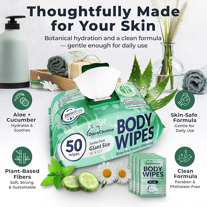 Body Wipes for Women, Extra Moist No Rinse Bathing Sheets 12pk, 648 XL Shower Cloths -10 x 11.5" Travel Size Essentials,Toiletries for Womens Hygiene & Post Workout Cleanup