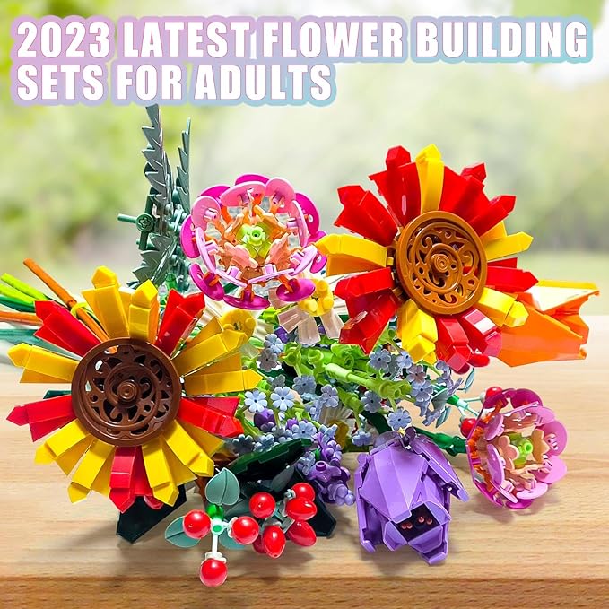 Flower Bouquet Building Set, 976 PCs Botanical Collection Kit with Sunflowers, Chamomile, Lavender, Lulips, DIY Unique Office Home Decor Gift for Christmas, Mother's Day & Valentine