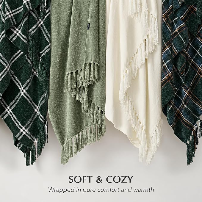 Chenille Knit Throw Blanket for Couch, 60"x80", Sage Green | Cozy Plush Fuzzy Knittd Throw with Tassels, Lightweight, Decorative, Farmhouse Decor, Ideal for Bed Sofa Gift, All Seasons