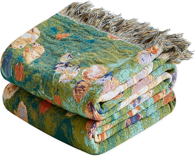 MSGKV Boho Throw Blanket 50"x60" Cotton Floral Muslin Blanket for Sofa | Cotton Floral Throw, Muslin Blanket, Summer Lightweight, Breathable Comfort, Farmhouse Decor, Couch Throw, Machine Washable