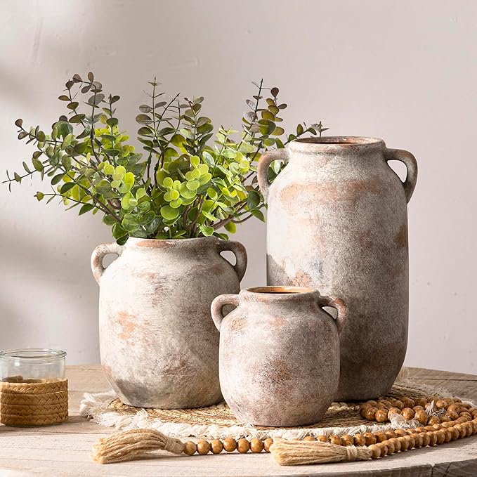 Vanselia Ceramic Flower Vase Home Table Decor Living Room Farmhouse 7.6 in | Small Rustic Decorative Flowers Vases Plant Modern Decoration for Kitchen Shelf Coffee Dining Centerpieces Desk