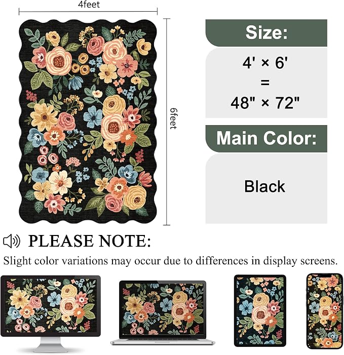 DUKINO 4x6 Area Rug, Non Slip Floral Washable Rug for Living Room, Black | Low Pile, Stain Resistant, Soft Throw Rugs for Bedroom, Office, Dining Room, Nursery, Pet Friendly, Home Decor, Lightweight
