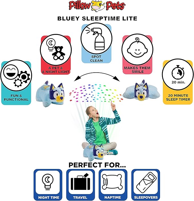 Pillow Pets 16 inch Bluey Sleep Time Light, Stuffed Animal Plush Toy, Gifts for Kids