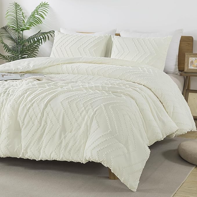 Andency Ivory Oversized Super King Comforter Set, Boho Soft Warm Tufted Neutral Bedding Comforter Sets, 3 Pieces Aesthetic Chevron Farmhouse Cute Bohemian Textured Bedding Set