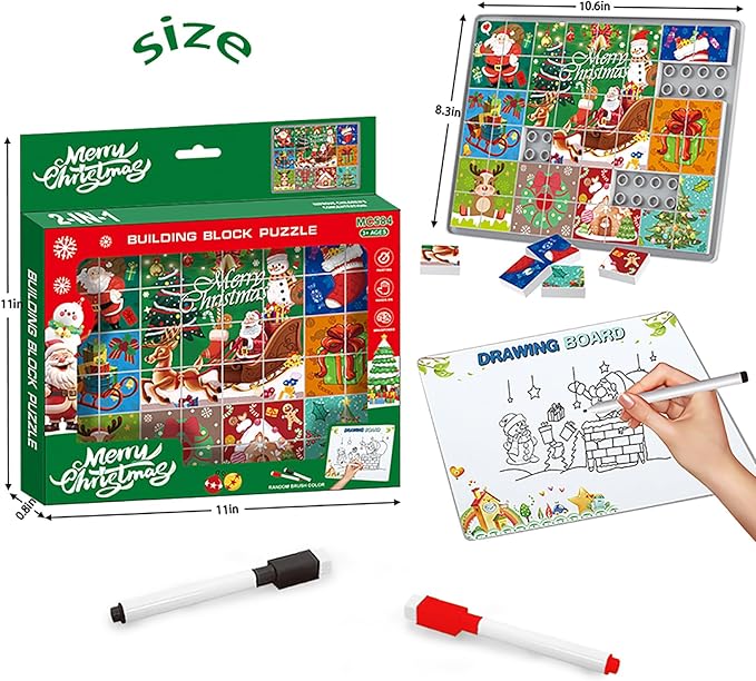 48 Piece Toy Building Jigsaw Puzzle Sets, 2 in 1 Christmas Theme Boys Girls Puzzles Building Block with Reusable Drawing Board Set for Toddlers Ages 1-3 and Kids 3+ Year Old