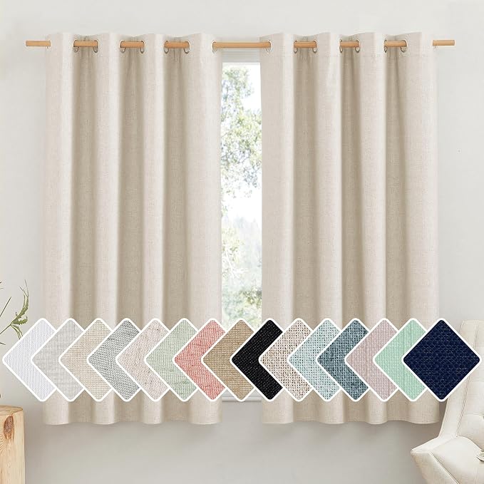 NICETOWN 100% Absolutely Blackout Linen Curtains with Thermal Insulated White Liner, Beige, 52" Wide by 48" Long, 2 Pieces, Anti-Rust Grommet Natural Burlap Fabric Window Drapes for Bedroom/Kids Room
