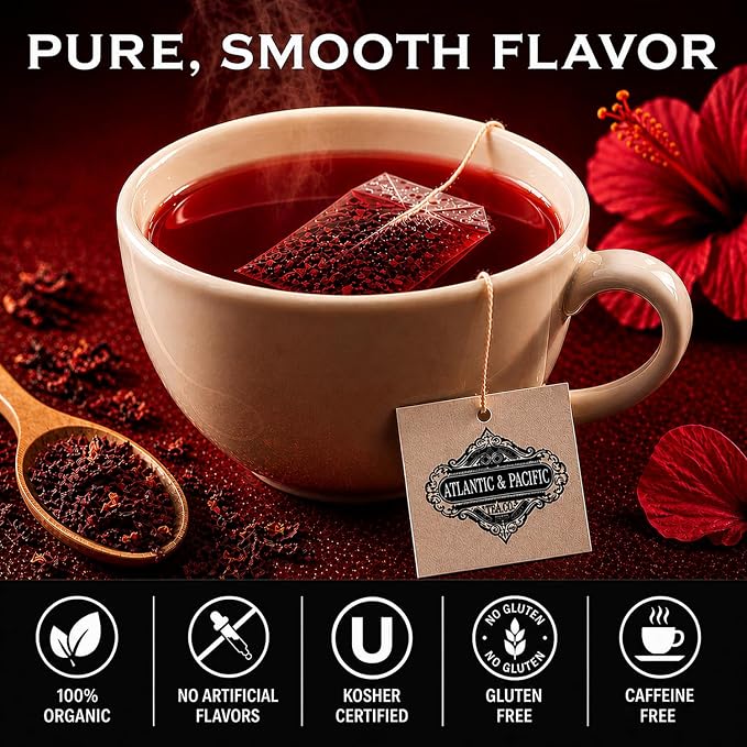 A&P Coffee Organic Hibiscus Tea Bags, 48 Count, Hibiscus Petal Herbal Tea, Naturally Caffeine Free, Rich in Vitamin C, Tart Cranberry Flavor, Hot or Iced Tea, Premium Herbal Infusion, Fresh Aroma