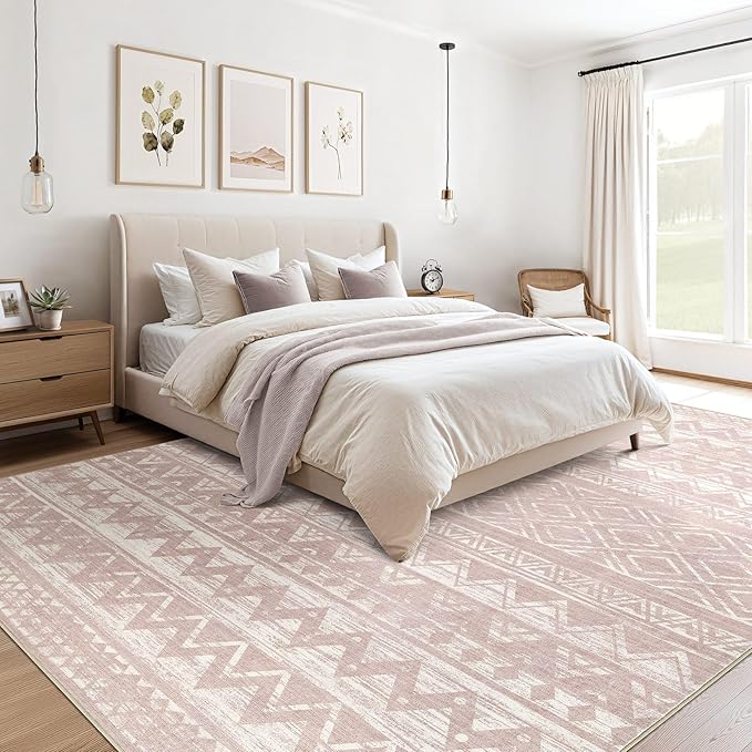 cotiled 10x12 Area Rugs Living Room Rug: Washable Boho Rugs with Non Slip Backing Large Soft Indoor Stain Resistant Carpet for Bedroom Farmhouse Dining Room Lightweight Home Decor Lotus Pink