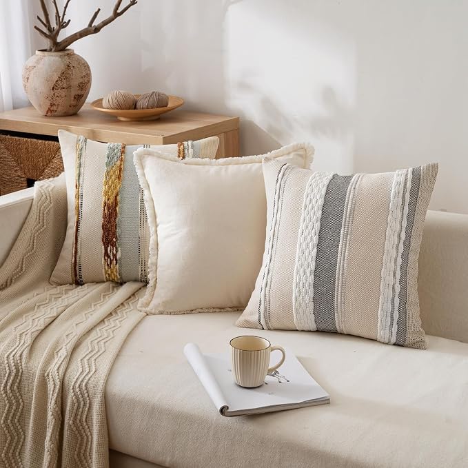 ANRODUO Boho Decorative Pillow Covers 22x22 Blue-Earth Tones Pack of 2 | Throw Pillow Covers, Farmhouse Cushion Case, Chenille Pillow Cases, Pillow Covers, Neutral Pillowcase for Sofa Couch Bed