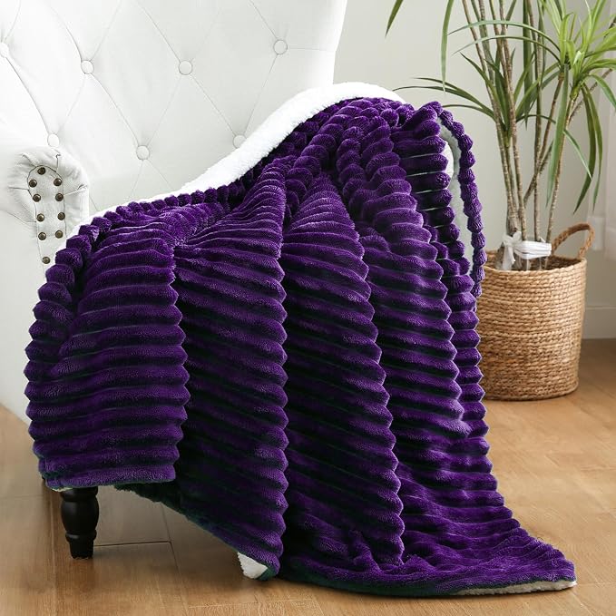 Purple Sherpa Fleece Throw Blanket 50”×60” for Couch Sofa Bed | Double Side Soft Fuzzy Cozy Plush Thick Flannel Blanket with Striped Design Gift for Adults,Woman