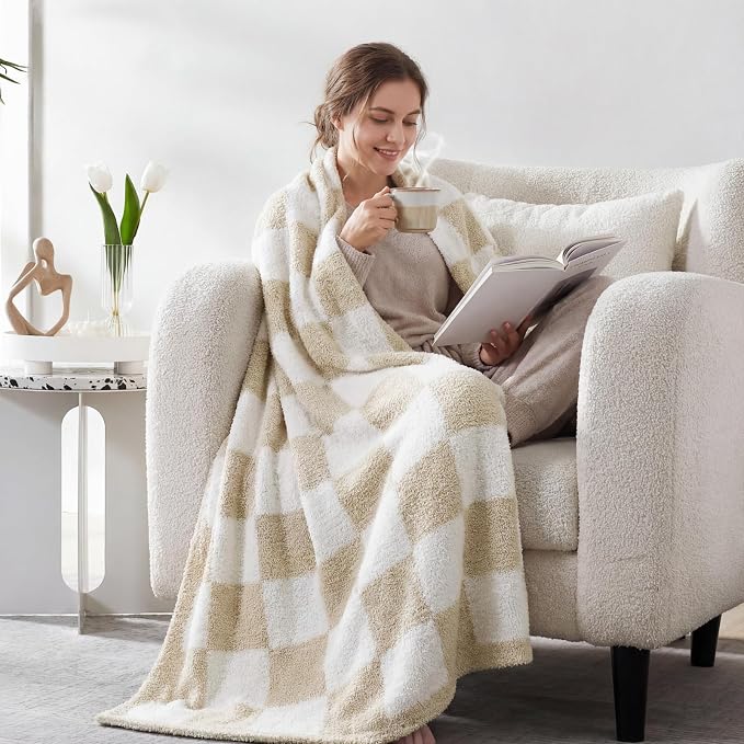 Soft Twin Size Checkered Blanket for Bed-Cozy Knitted Blankets | Lightweight Fluffy Warm Decor for Women, Mom, Her & Girls, Sofa, Chair, Couch, 60x80in, Beige