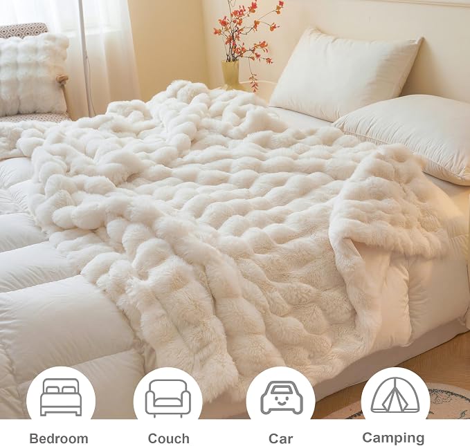 LIFEREVO Luxury Fluffy Faux Rabbit Fur Throw Blanket 60x80, Beige | Plush Bubble Lap Throw for Couch Sofa Office, Soft Cozy Furry Ivory Bed Blanket Home Decoration, Washable & Skin-friendly