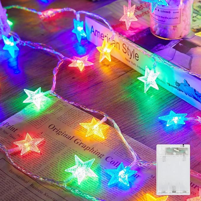 Minetom Star String Lights Battery Operated - 17 ft 50 LED Star Fairy String Lights with Timer, Waterproof for Indoor Bedroom Tent Loft Bed Patio Party Wedding Decor, Multi-Color