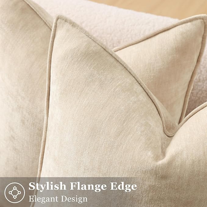 decorUhome Chenille Beige Velvet Throw Pillow Covers 20x20 Set of 2 | Fall Soft Couch Decorative Modern Farmhouse Pillow Cases with Elegant Design for Sofa Bed Living Room Home Decor
