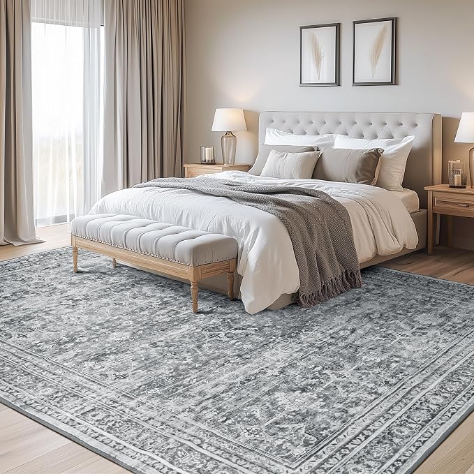 8x10 Area Rug for Living Room, Non-Slip Washable Grey Large Carpet | Soft Neutral Rugs for Bedroom, Dining Room, Home Office Indoor Nursery, Stain Resistant, Low Pile, Vintage Distressed Rug