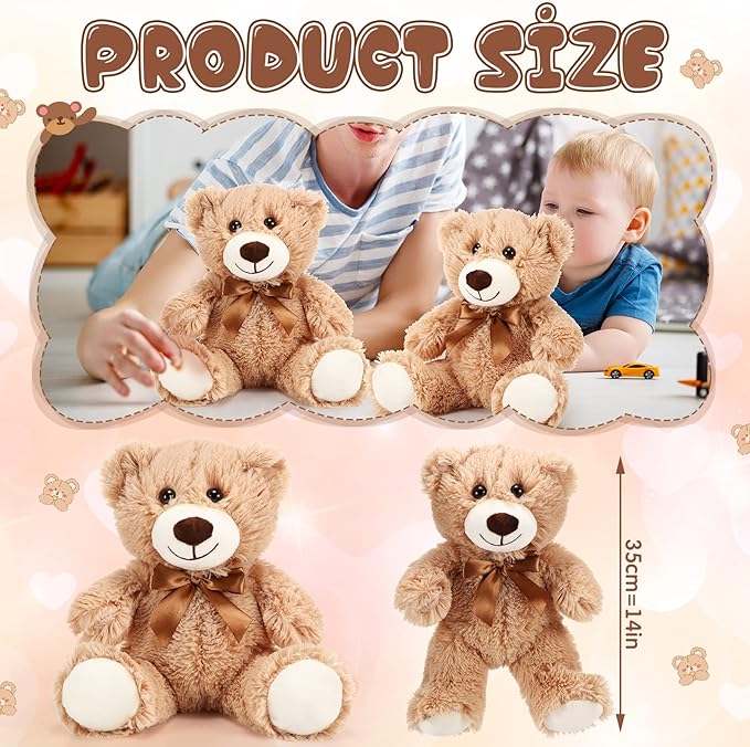 HyDren 12 Pieces Valentines Bears Stuffed Animals Soft Plush Toy Bears for Birthday Party Easter Wedding Baby Shower Christian Charity Donation Supplies(Light Brown)