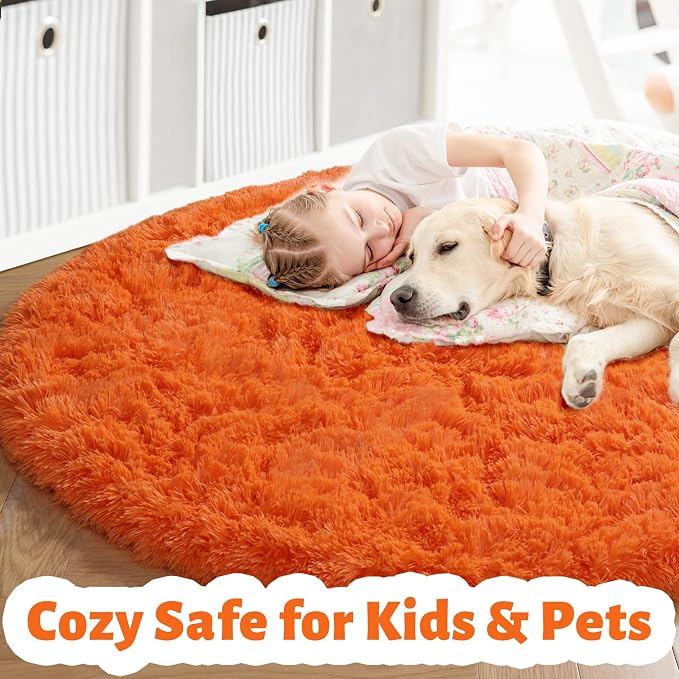 Amdrebio Orange Circle Round Rug 6Ft for Living Room Bedroom, Fluffy Furry Shag Area Rugs for Kids Room Decor Aesthetic, Cute Fuzzy Plush Shaggy Carpet for Baby Nursery Dorm Playroom, Teen Girls Boys