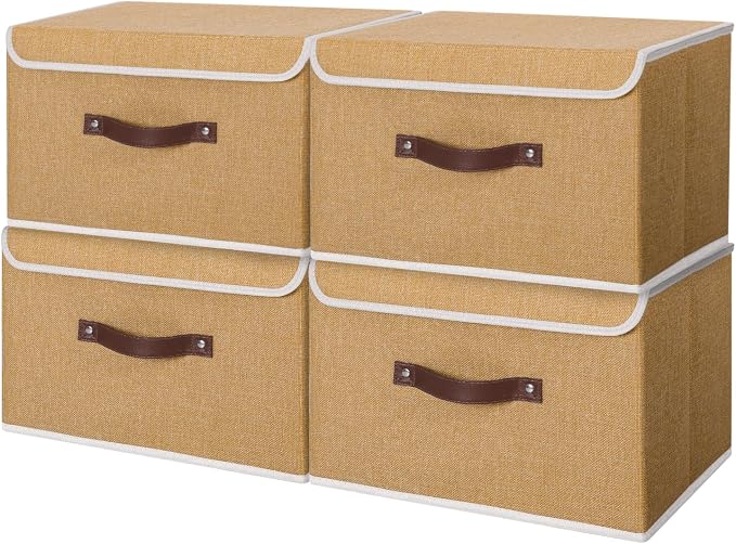 ANMINY Fabric Storage Box Bins with Lids, Khaki, 10"x8"x7", 4 Pack | Keepsake Memory Storage, Cotton Linen, PP Board Reinforced, Washable, PU Handles, Foldable & Stackable, Decorative, Small