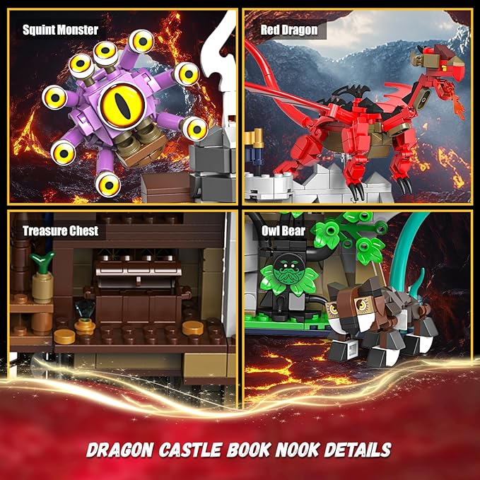 Red Dragons Medieval Castle Book Nook Building Set, Unique Bookend for Bookshelf & Home Decor, Compatible with Lego Adults, Dragon Toy Gift for Kids Boys 8-14 (1234 PCS)
