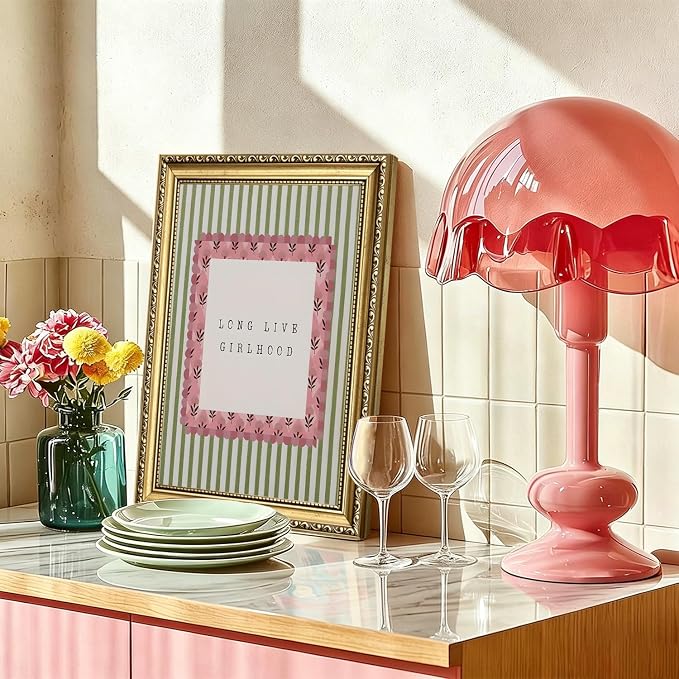 Long Live Girlhood Wall Art Vintage Girl Nursery Wall Decor Picture, Pink and Green Striped Baby Girls Poster Canvas Print Painting Artwork for Living Room Bedroom 16x24 inch Gold Framed