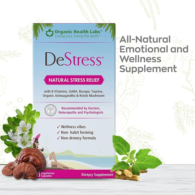 DeStress All-Natural: Veggie Capsules, with B Vitamins, Magnesium, Ashwagandha and L-Theanine Supplement, Anxiety Relief, 30 Veggie Capsules, Stress Relief Supplement Organic Health Labs