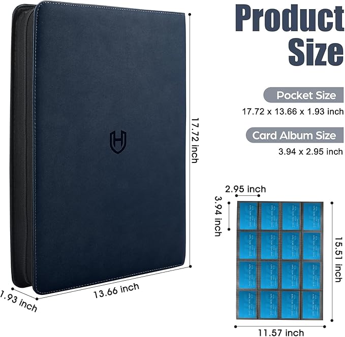 Card Binder 16 Pocket with Zipper, 1024 Pockets Trading Card Holder Book, Premium PU Cover Zip Folder Binder, Side Loading Carrying Case Binder Album for TCG, MTG, Sports Cards, Game Cards