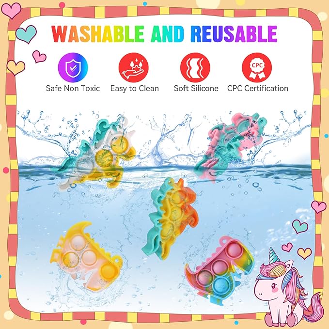 24 Pack Unicorn Dinosaur Party Favors for Kids Goodie Bags Stuffers Pop Fidget Toys Bulk Its,Unicorn Toys Pinata Stuffers Birthday Party Favors Small Kids Mini Classroom Prizes Pop Keychain It