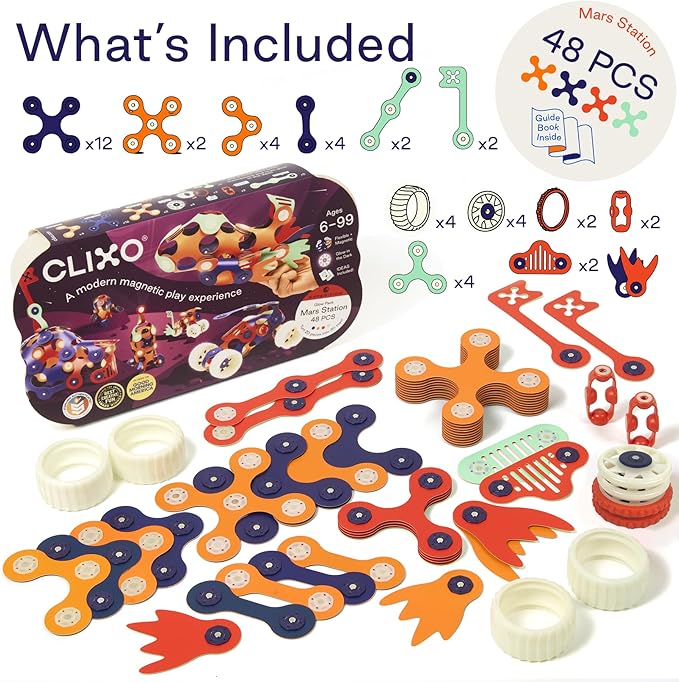 Clixo Mars Station Pack – 48 Magnetic Pieces, 14 Shapes – Flexible STEM Building Glow-in-The-Dark Set with All-Terrain Wheels & Galactic Adventure – Build Rovers, Spaceships & Labs – Ages 6+