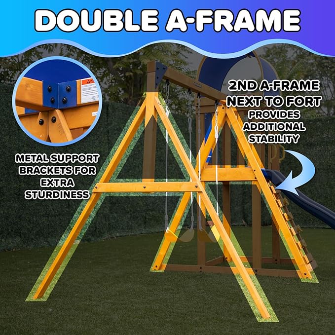Sportspower Amelia Galaxy Cedar Wooden Swing Set for Night Play with 2 LED Swings, Play Fort with Sandbox, Heavy Duty Double A-Frame, on 6ft LED Slide, Bonus Anchor Kit