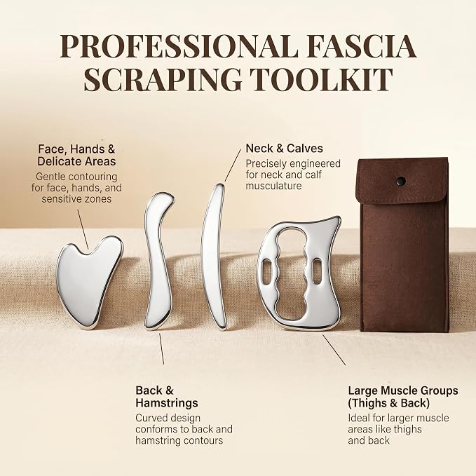 4 in 1 Muscle Scraper Tool Set, IASTM Massage Tools with Storage Case, Gua Sha Scraping Tool for Myofascial Release, Muscle Recovery, Body Massage (4PC Stainless Steel)