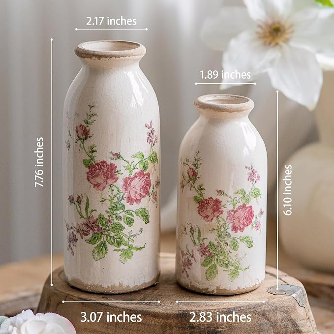 Vintage Rose-Floral Small Ceramic Vase Set, Retro Rustic Farmhouse Cute Flora Vase Gift, Art Décor for Your Home, Kitchen, Bedroom, Office, Living Room, Bathroom & Shelf Centerpiece Table Decorations