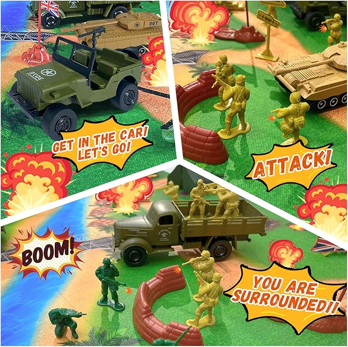Army Men Toys Large Battle Playset-Set Includes Army Men Action Figures, Military Battle Mat, Tanks, Helicopters, Jeep, Ambulance, Trucks, Cannon, Tents (120 PCS)