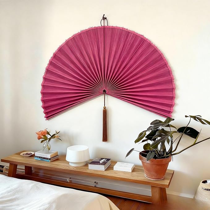 ChumDecor Bamboo Fan Wall Decor, Japanese Wall Fan Decoration, Pink 48 in | Large Oversized Oriental and Asian Style Hanging Decoration for Above the Bed Headboard or an Empty Living Room Space