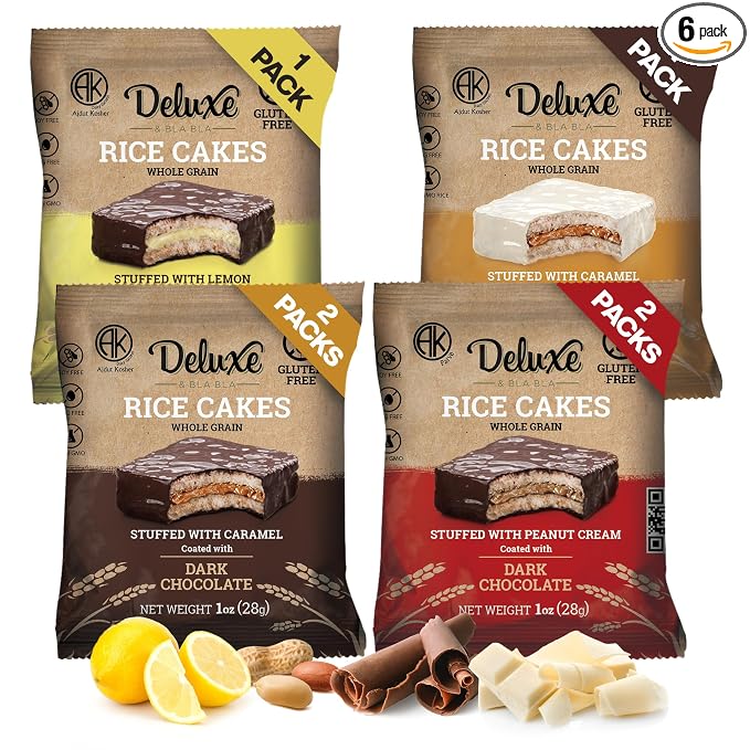 Deluxe & Bla Bla Stuffed Rice Cakes - Whole Grain Chocolate Rice Cake,Gluten Free,Low Calorie,(Alfajor) Kosher Certified - mix flavors Rice Cakes coated with Chocolate, 28g Each (6 Pack)