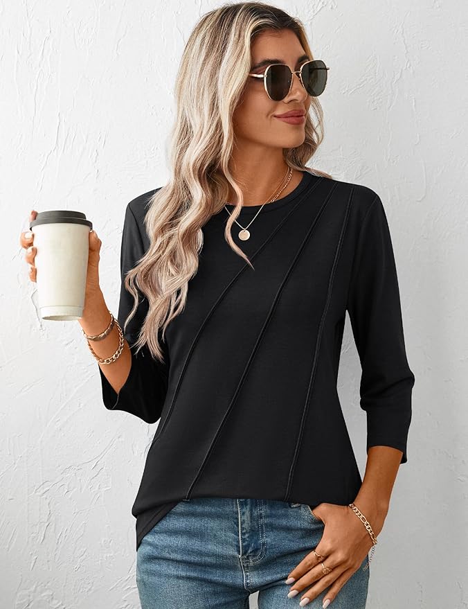 LOMON 3/4 Length Sleeve Womens Tops Spring Summer Fashion 2026 Tops Crew Neck Pleated Shirts Tunic Top Loose Fit