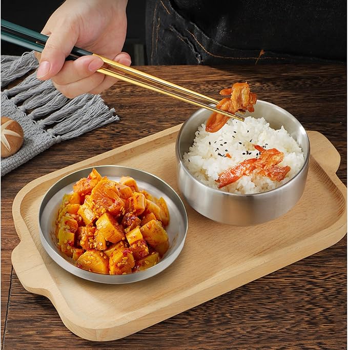 Stainless Steel Rice Bowl with Lid, Set of 2, for Korean Kitchen Restaurant, Double-walled Metal Bowls, Multi-Purpose Insulated Soup Bowls Snacks Bowls (11.5cm Silver)