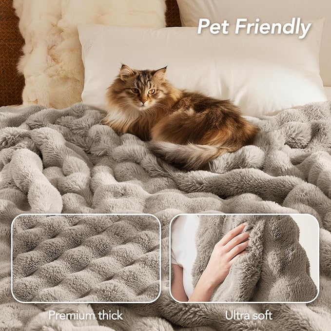 L'AGRATY Faux Rabbit Fur Throw Blanket for Couch, 50'' x 60'', Castle Grey | Soft Cozy Bubble Fluffy Blanket for Sofa Bed, Thick Warm Plush Fuzzy Throw for Room Home Decor, Luxury Gift for Women Mom
