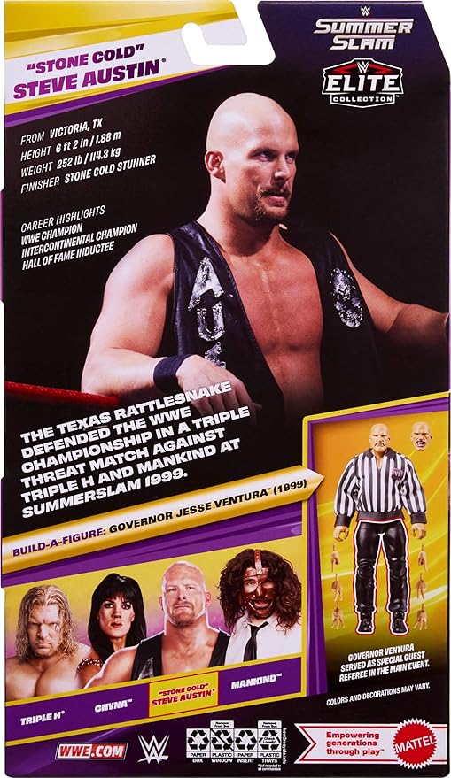 Mattel WWE Elite Collection Action Figure & Accessories, Premium Live Event “Stone Cold” Steve Austin Set, SummerSlam Series with Jesse “The Body” Ventura Build-A-Figure Parts