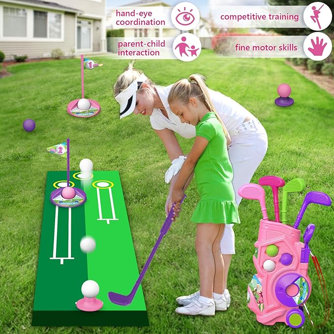 Toddler Golf Set with Putting Mat, 4 Clubs, 8 Balls, 2 Practice Holes for Kids 3-5 Years Old, Indoor Outdoor Sports Toys with Shoulder Strap, 20 Pieces