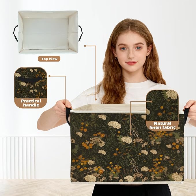 Vintage Rustic Floral Storage Box Bins, Dark Cottagecore Wildflower Collapsible Storage Basket Organizer for Bedroom Laundry Room Home Clothes Books, Decor for Room