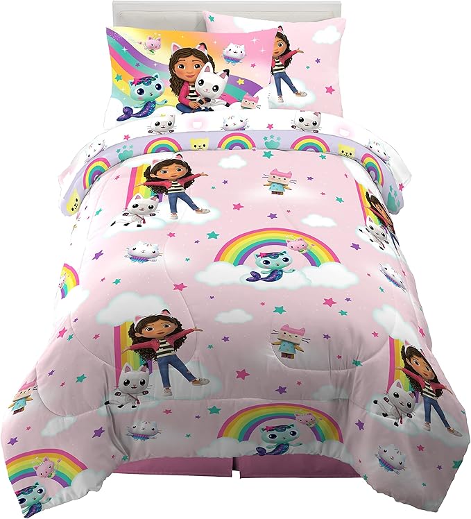 Gabby's Dollhouse Kids Twin Size Bedding, 5 Piece Super Soft Cozy Reversible Comforter and Sheet Set with Sham, (Officially Licensed Product) By Franco