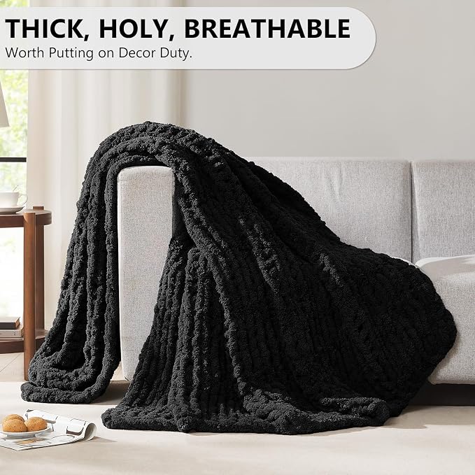 L'AGRATY Chunky Knit Throw Blanket for Couch, 60'' x 80'' Knit Throw, Black | Handmade Chenille Crochet Blanket for Sofa Bed, Thick Cable Knitted Blankets for Room Home Decor, Birthday Gift for Women Mom