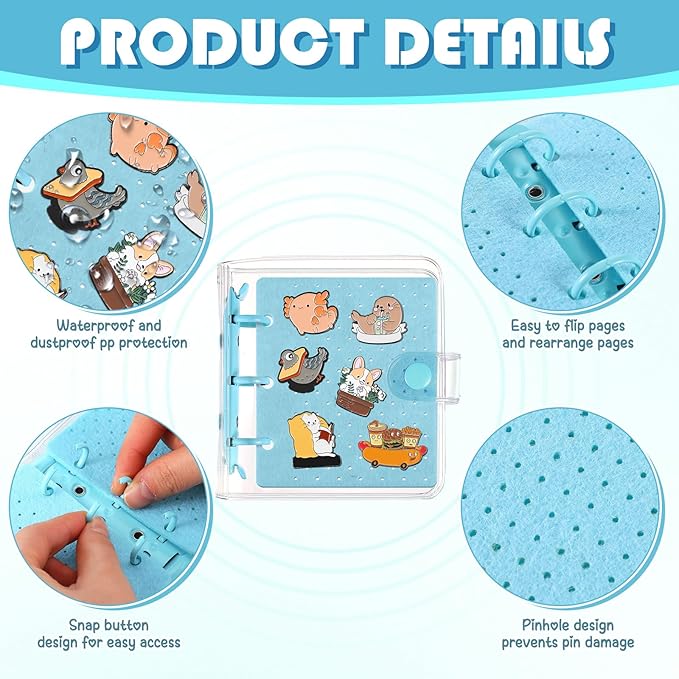 8 Pcs Mini Enamel Pin Display Book Gift Clear Collection Travel Trading Binder Holder Badge Book Storage Organizer up to 36 1-inch Enamel Pins for Travel Collectors (Blue,4.61x3.94 in)