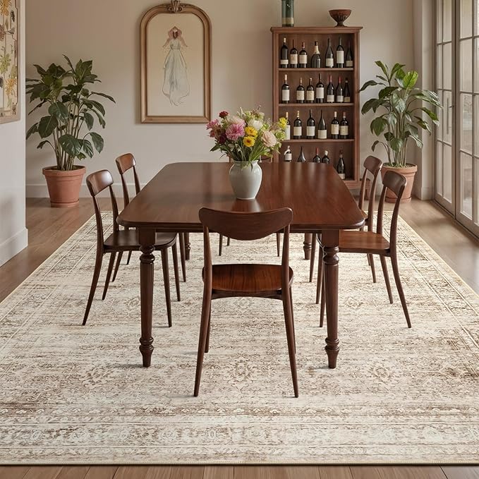 9x12 Area Rug for Living Room, Non-Slip Washable Beige Large Carpet | Soft Neutral Rugs for Bedroom, Dining Room, Home Office Indoor Nursery, Stain Resistant, Low Pile, Vintage Distressed Rug
